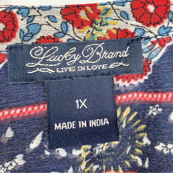 Lucky Brand Red and Blue Sheer Boho Blouse size 1X Excellent Condition - Picture 2 of 7